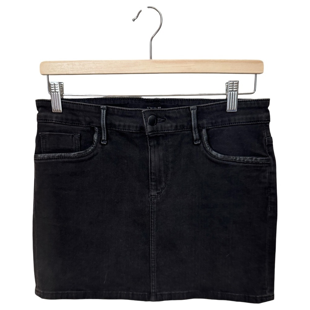 JOE’S JEANS Black Denim 5 Pocket Leather Trim Mini Skirt “Billie” Wash Size 29